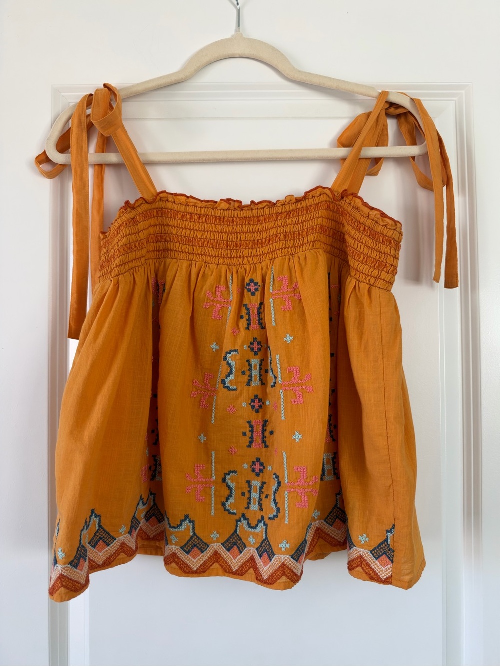 Anthropologie Mustard Embroidered Tie-Shoulder Tank